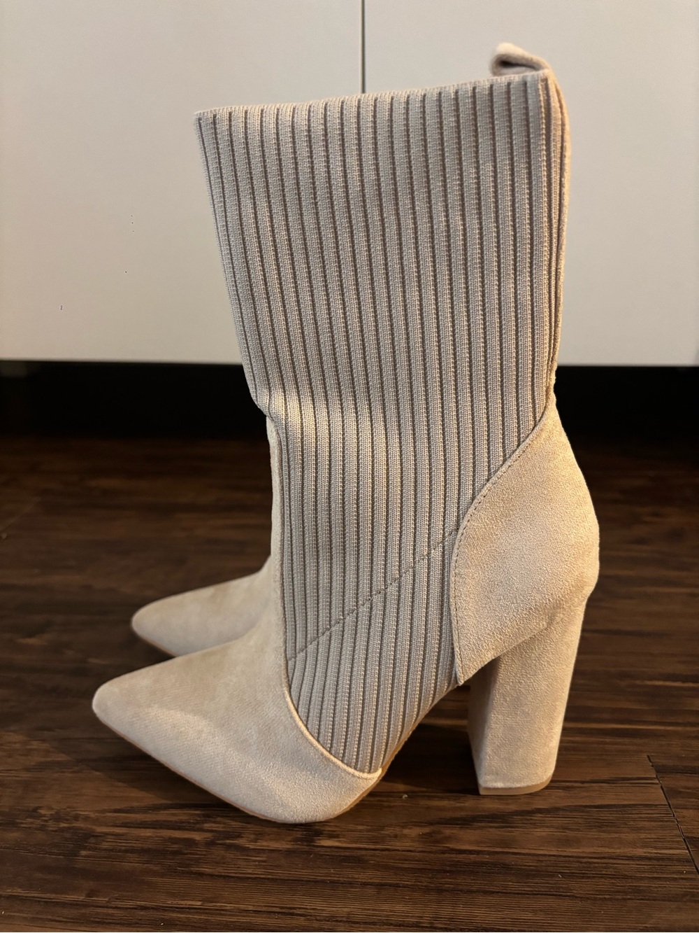 NWT ✨ Beige Knit Sock Suede Block Heel Ankle Boots - Picture 7 of 8